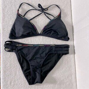 5/$25 La Vie Wn Rose Stylish Black Bikini Set W Scrunch Bottom XL
